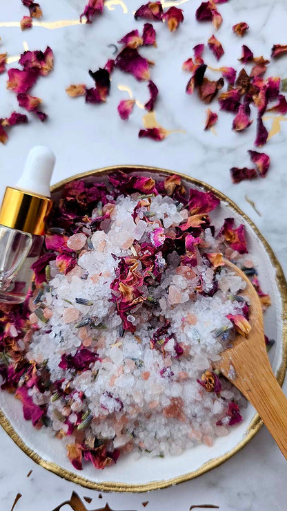 bath salts, all natural, bath magnesium, relaxation, natural, spa time, lavender oil, rose petals, lavender flowers, floral, hydrating, soothing, moisturising, relax