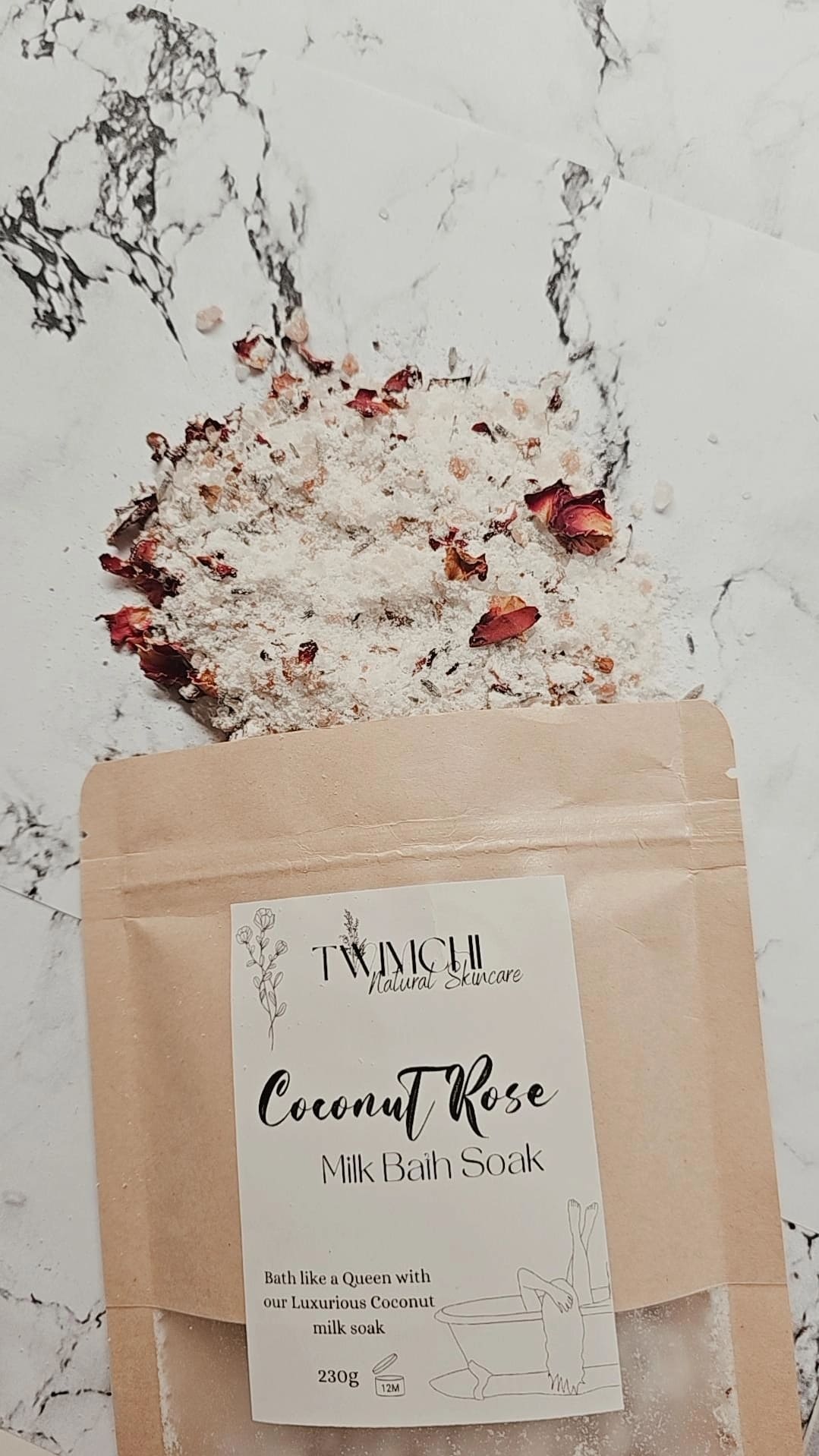 coconut milk, bath milk, bath salts, all natural, bath magnesium, relaxation, natural, spa time, lavender oil, rose petals, lavender flowers, floral, hydrating, soothing, moisturising, relax